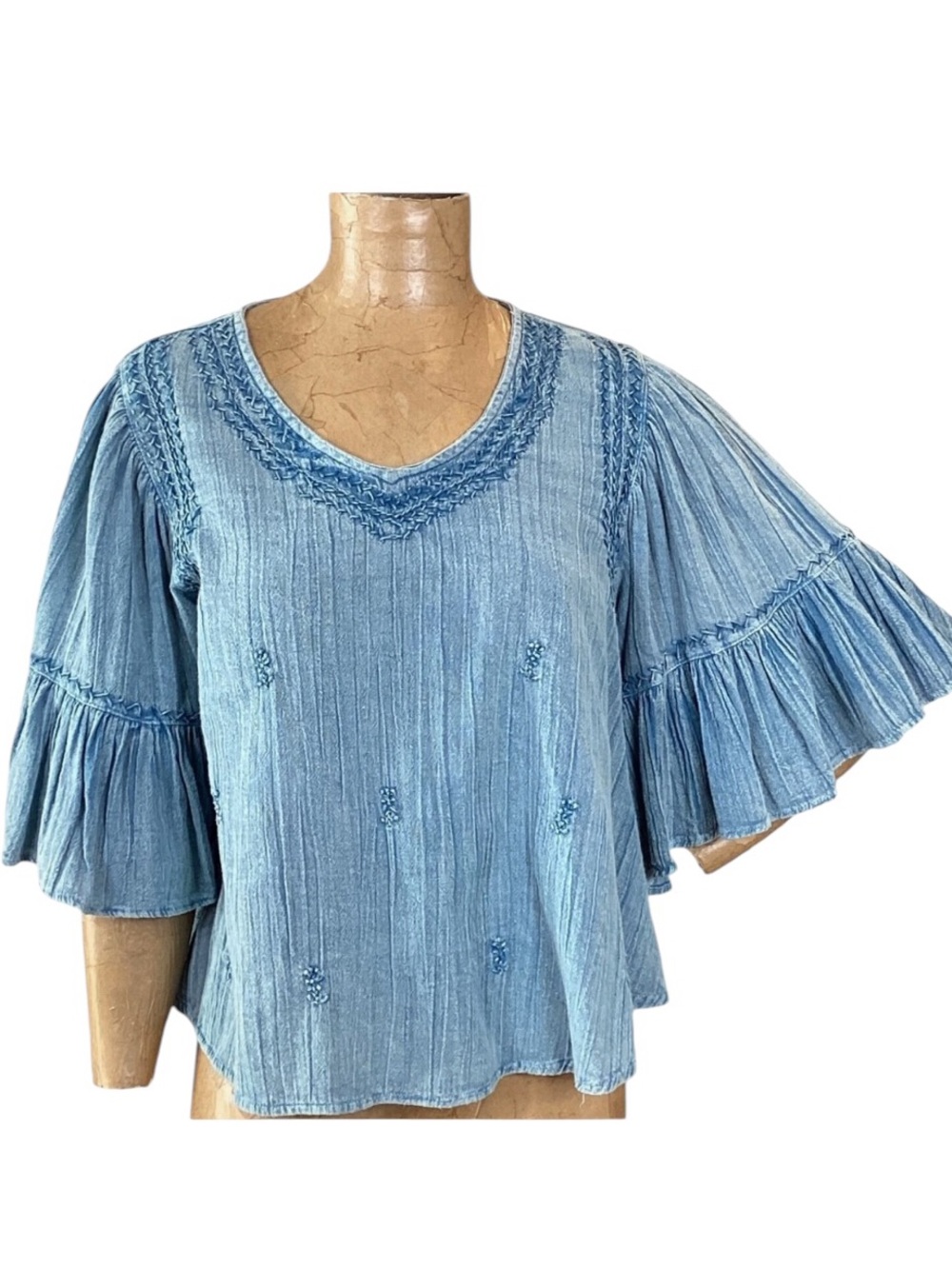 Rachel Zoe blue embroidered v-neck cropped short bell sleeve peasant blouse